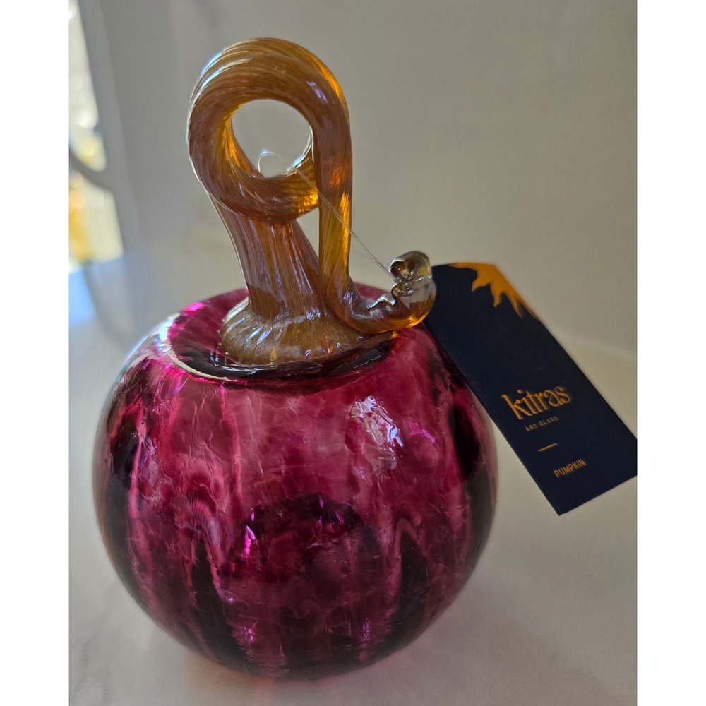 Kitras Art Glass Handblown Pumpkin Magenta Pink Gold Curled Stem Fall Decor NEW